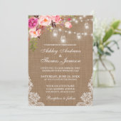 Rustic Wedding Burlap Lights Jars Lace Pink Floral Kaart (Staand voorkant)