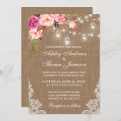 Rustic Wedding Burlap Lights Jars Lace Pink Floral Kaart (Voorkant / Achterkant)