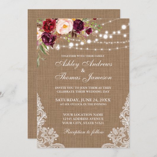 Rustic Wedding Burlap Lights Lace Floral Invite Kaart (Voorkant / Achterkant)