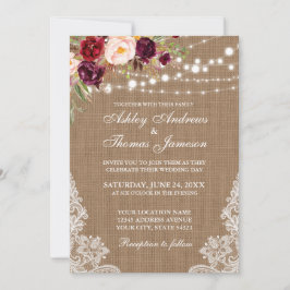 Rustic Wedding Burlap Lights Lace Floral Invite Kaart