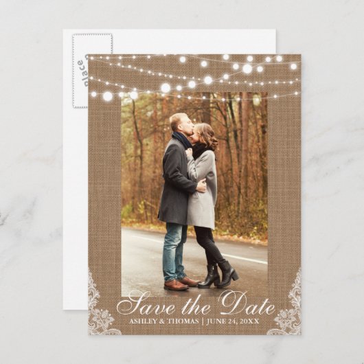 Rustic Wedding Burlap Lights Save the Date Aankondigingskaart (Voorkant / Achterkant)