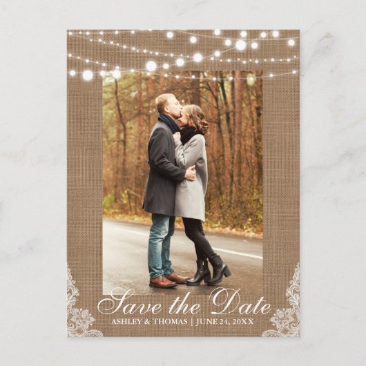 Rustic Wedding Burlap Lights Save the Date Aankondigingskaart (Voorkant)