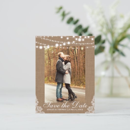 Rustic Wedding Burlap Lights Save the Date Aankondigingskaart (Staand voorkant)