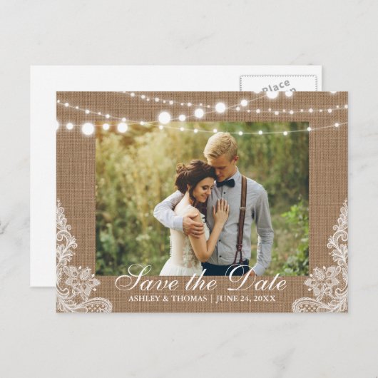 Rustic Wedding Burlap Lights Save the Date Aankondigingskaart (Voorkant / Achterkant)