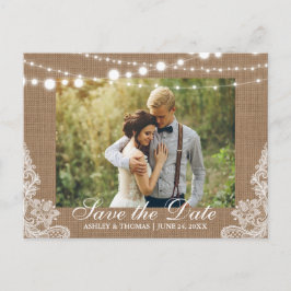 Rustic Wedding Burlap Lights Save the Date Aankondigingskaart