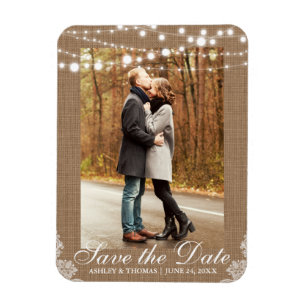 Rustic Wedding Burlap Lights Save the Date Magneet