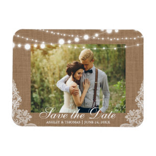 Rustic Wedding Burlap Lights Save the Date Magneet