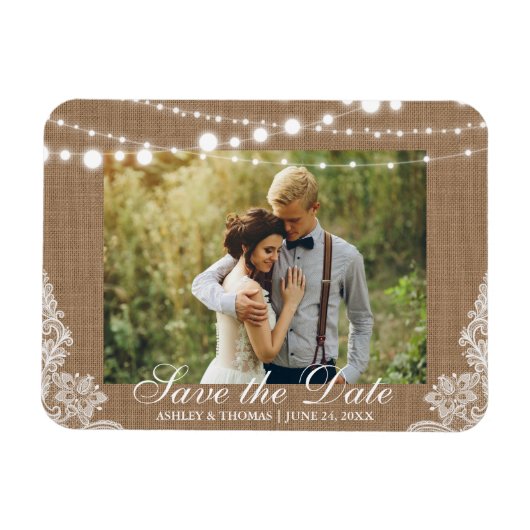 Rustic Wedding Burlap Lights Save the Date Magneet (Horizontaal)