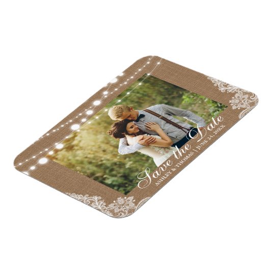 Rustic Wedding Burlap Lights Save the Date Magneet (Linkerzijde)