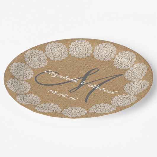 Rustic Wedding Burlap Monogram Namen Kant Papieren Bordje (Gekanteld)