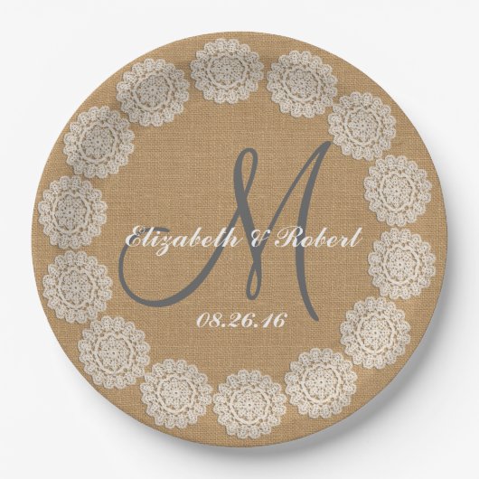 Rustic Wedding Burlap Monogram Namen Kant Papieren Bordje (Voorkant)