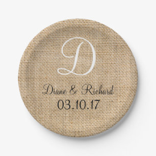 Rustic Wedding Burlap Naam Datum Monogram Papieren Bordje