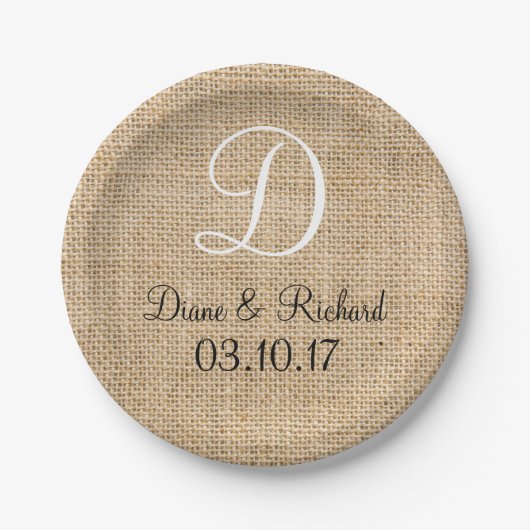 Rustic Wedding Burlap Naam Datum Monogram Papieren Bordje (Voorkant)