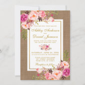 Rustic Wedding Burlap Pink Floral Wedding Invite Kaart (Voorkant)