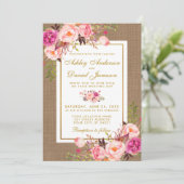Rustic Wedding Burlap Pink Floral Wedding Invite Kaart (Staand voorkant)