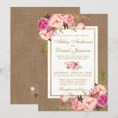 Rustic Wedding Burlap Pink Floral Wedding Invite Kaart (Voorkant / Achterkant)