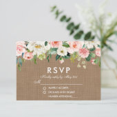 Rustic Wedding Burlap Pink White Floral RSVP Kaartje (Staand voorkant)