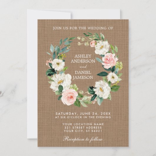 Rustic Wedding Burlap Pink White Floral Wreate Kaart (Voorkant)