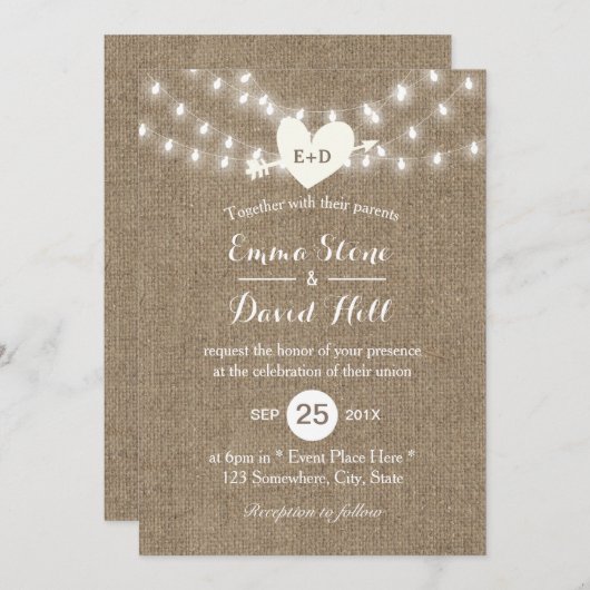 Rustic Wedding Burlap String Lights Arrow & Heart Kaart (Voorkant / Achterkant)