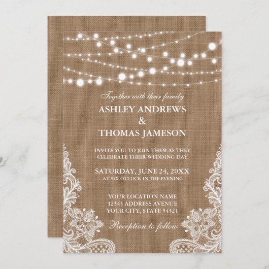 Rustic Wedding Burlap String Lights Kaart (Voorkant / Achterkant)