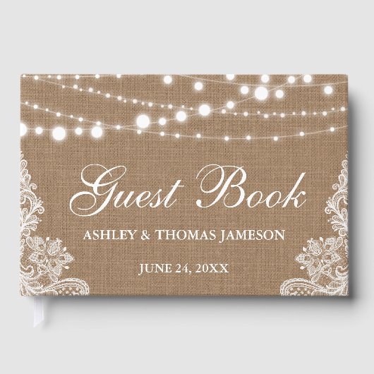 Rustic Wedding Burlap String Lights Lace Gastenboek (Voorkant)