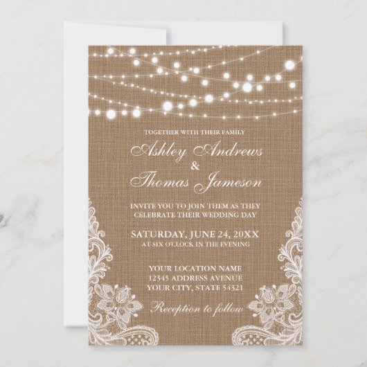 Rustic Wedding Burlap String Lights Lace Invite Kaart (Voorkant)
