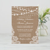 Rustic Wedding Burlap String Lights Lace Invite Kaart (Staand voorkant)