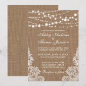 Rustic Wedding Burlap String Lights Lace Invite Kaart (Voorkant / Achterkant)