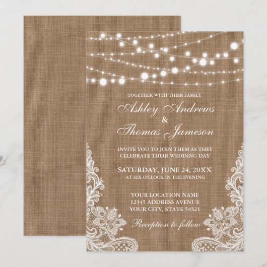 Rustic Wedding Burlap String Lights Lace Invite Kaart (Voorkant / Achterkant)