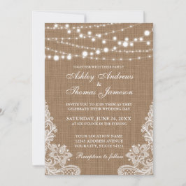 Rustic Wedding Burlap String Lights Lace Invite Kaart