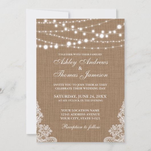 Rustic Wedding Burlap String Lights Lace Invite PB Kaart (Voorkant)
