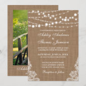 Rustic Wedding Burlap String Lights Lace Invite PB Kaart (Voorkant / Achterkant)
