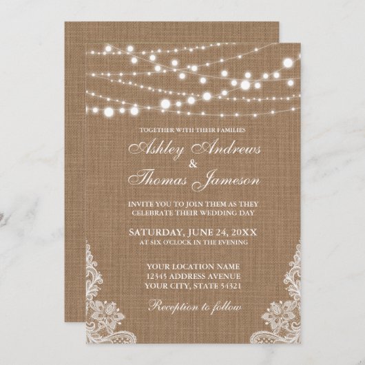 Rustic Wedding Burlap String Lights Lace Invite PB Kaart (Voorkant / Achterkant)