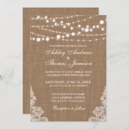 Rustic Wedding Burlap String Lights Lace Invite PB Kaart