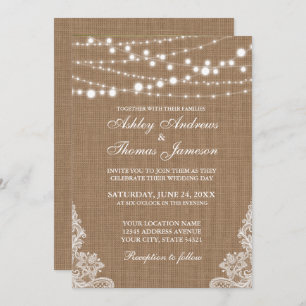 Rustic Wedding Burlap String Lights Lace Invite PB Kaart