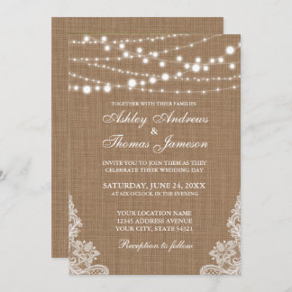 Rustic Wedding Burlap String Lights Lace Invite PB Kaart