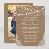 Rustic Wedding Burlap String Lights Lace Invite PR Kaart (Voorkant / Achterkant)