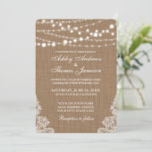 Rustic Wedding Burlap String Lights Lace Invite PR Kaart (Staand voorkant)