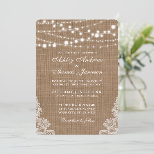 Rustic Wedding Burlap String Lights Lace Invite PR Kaart (Staand voorkant)