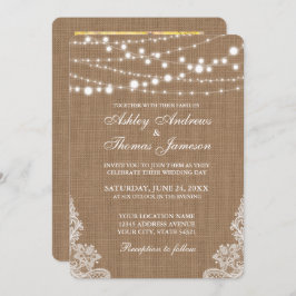 Rustic Wedding Burlap String Lights Lace Invite PR Kaart