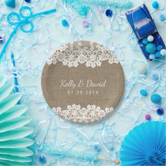 Rustic Wedding  Burlap & White Lace Papieren Bordje (Feest)