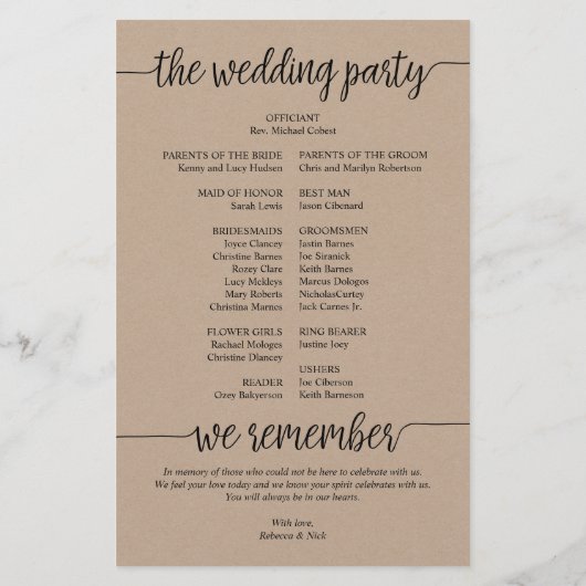 Rustic Wedding Ceremony Program Brown Kraft Card (Achterkant)