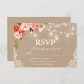 Rustic Wedding Coral Floral Lights Jars Kraft RSVP (Voorkant / Achterkant)