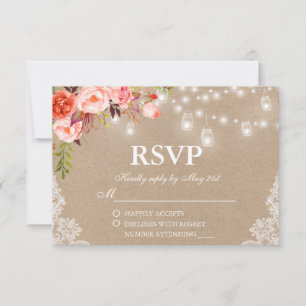 Rustic Wedding Coral Floral Lights Jars Kraft RSVP Kaartje