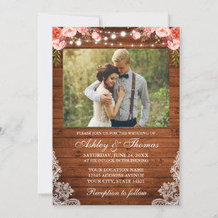 Rustic Wedding Coral Floral Wood Lights Foto Kaart