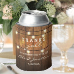 Rustic Wedding Country String Lights Thanks Y'all Blikjeskoeler<br><div class="desc">Rustic themed can cooler featuring a string of lights set against a barn wood background.  Add your custom text to personalize.  Great for a rustic country barn wedding or outdoor casual southern wedding.</div>