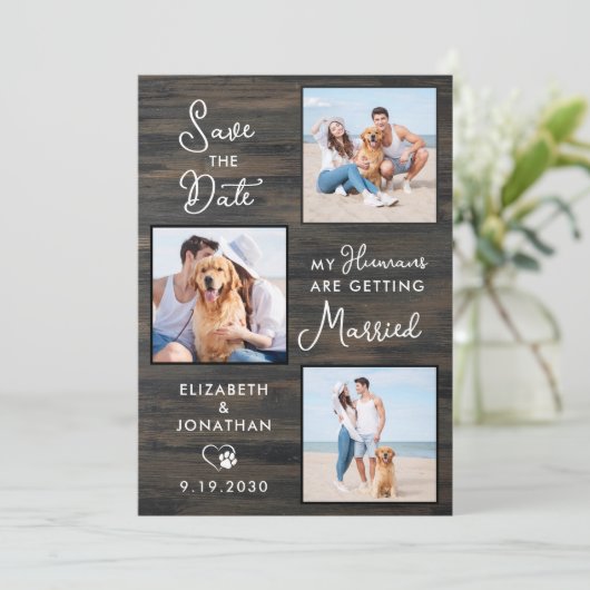 Rustic Wedding Custom 3 Pet Photo Dog Save The Date (Staand voorkant)