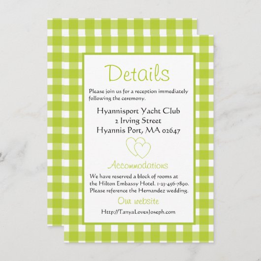 Rustic Wedding Details Gingham Green Pset Kaart (Voorkant / Achterkant)