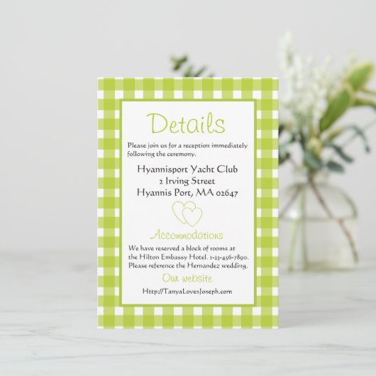 Rustic Wedding Details Gingham Green Pset Kaart (Staand voorkant)