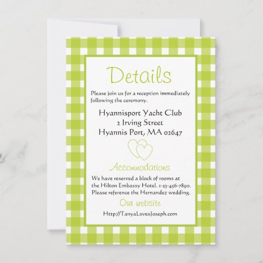Rustic Wedding Details Gingham Green Pset Kaart (Voorkant)